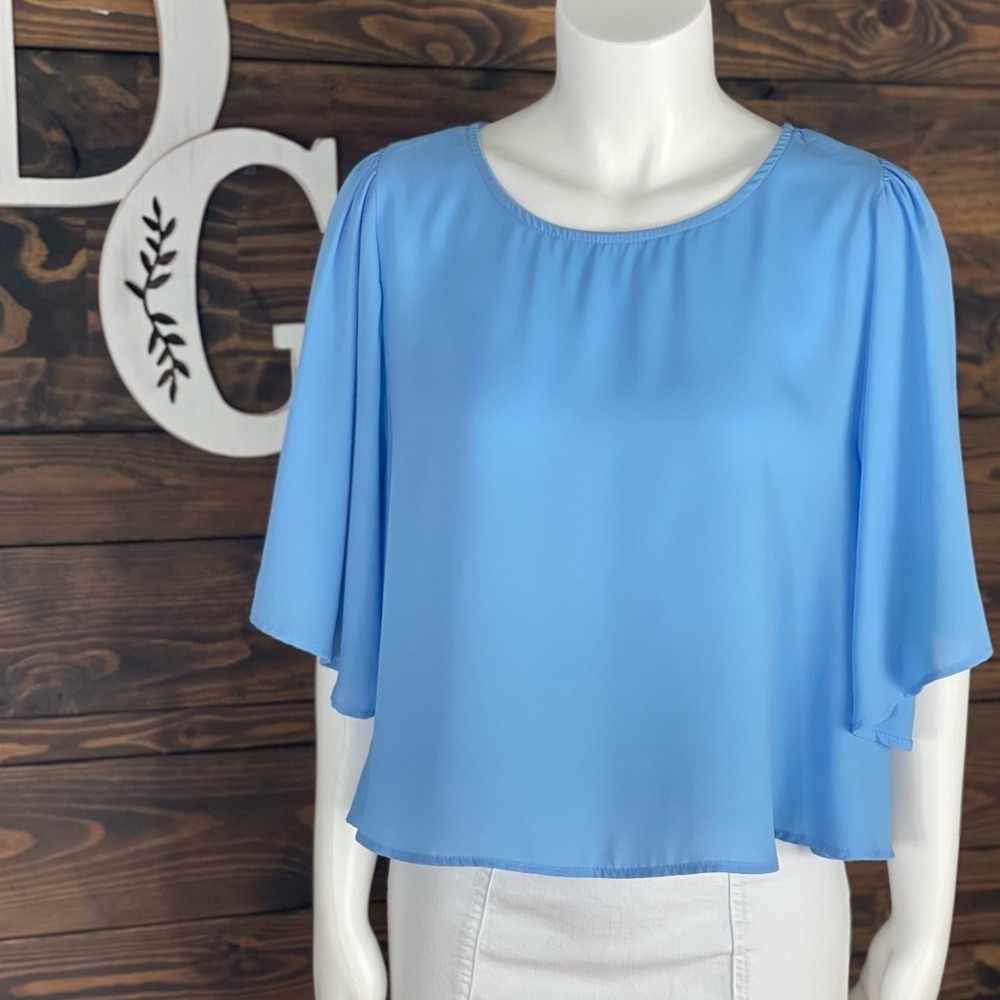 Gianni Bini |‎ Flowy Pleated Ruched Bell Sleeves Scoop Neck Baby Blue Blouse